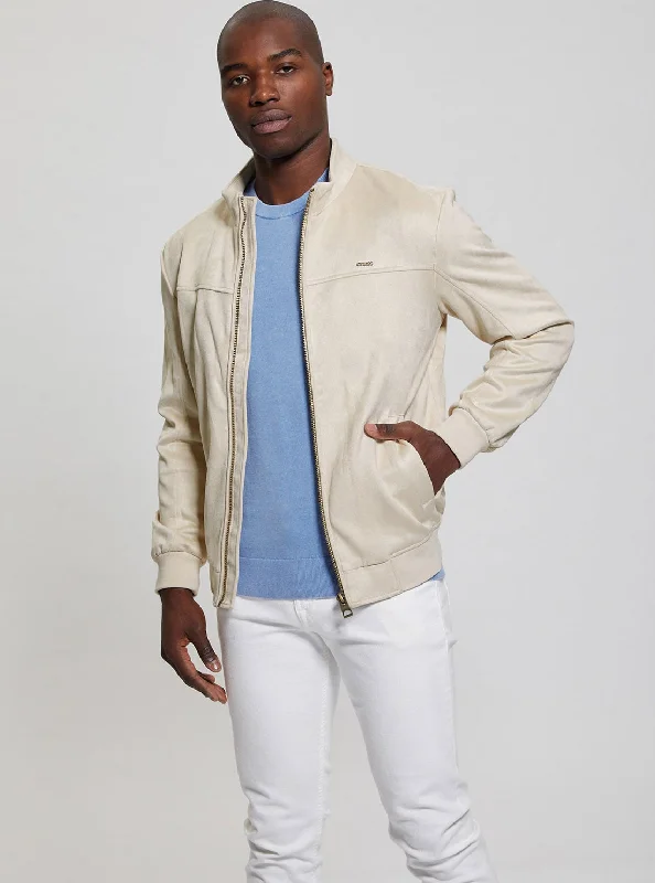 Men's fashionable bomber jacket-Cream Soft Suede Jacket