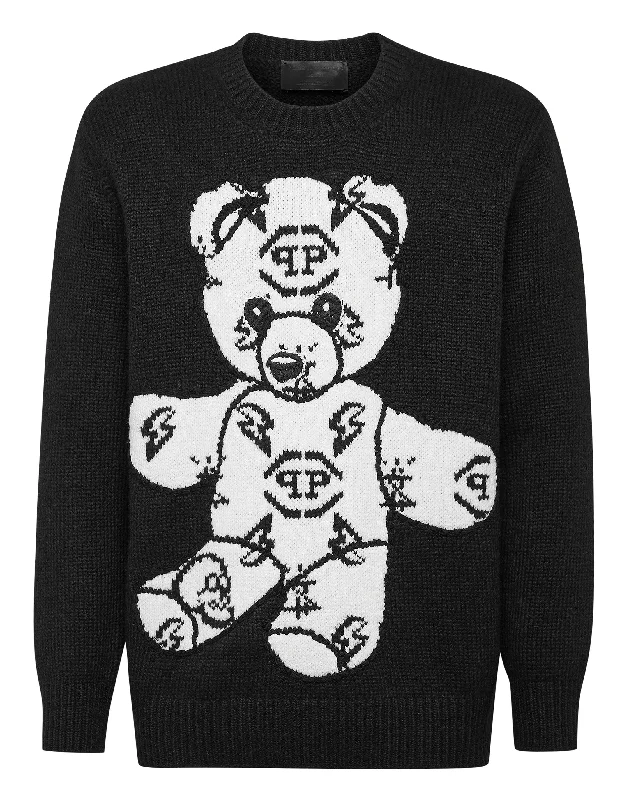 Men's construction sweatshirt-Wool Embroidery Jacquard Pullover Round Neck LS Teddy Bear