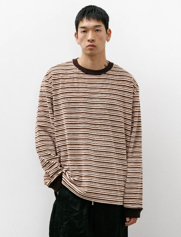 Men's seamless t-shirt-Big Tee LS Velour Stripe Pink/Brown