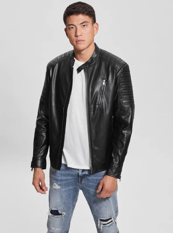 Men's eco-conscious windbreaker-Black Urban Biker Faux Leather Jacket