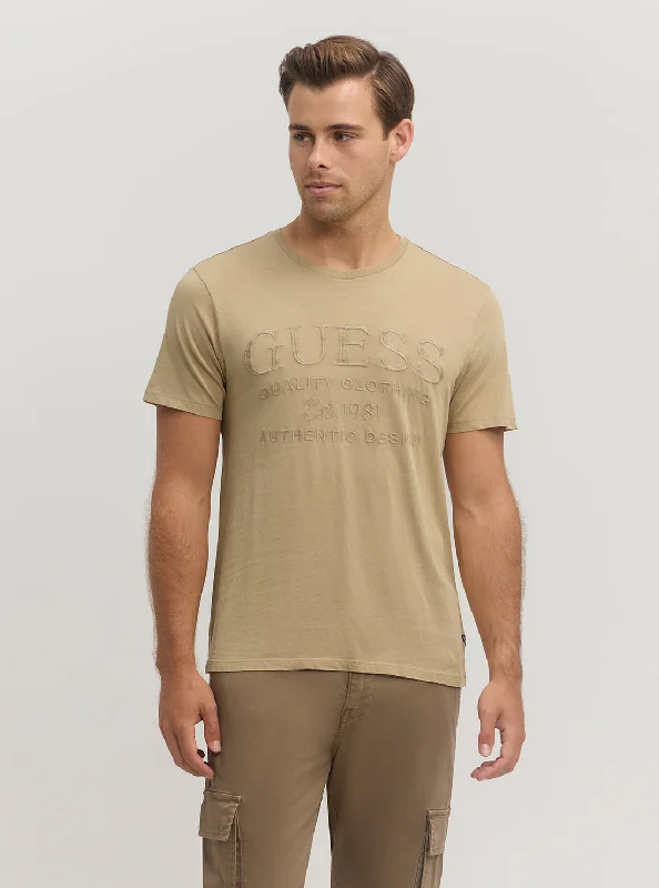 Men's fitted muscle t-shirt-Beige Logo Short Sleeve T-Shirt