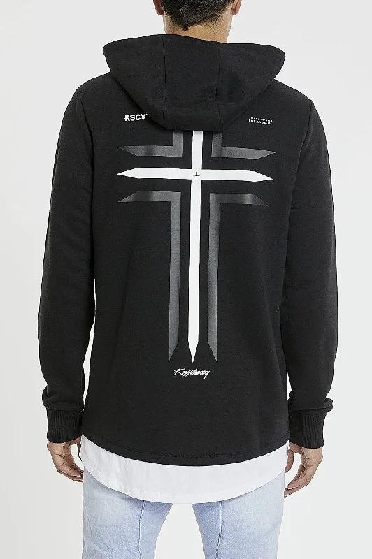 Men's comfortable hoodie-KISS CHACEY Mens The Saint Layered Hooded Sweater - Jet Black