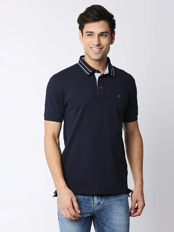 Men's breathable golf polo shirt-Navy Blue Pique Lycra Polo T-shirt