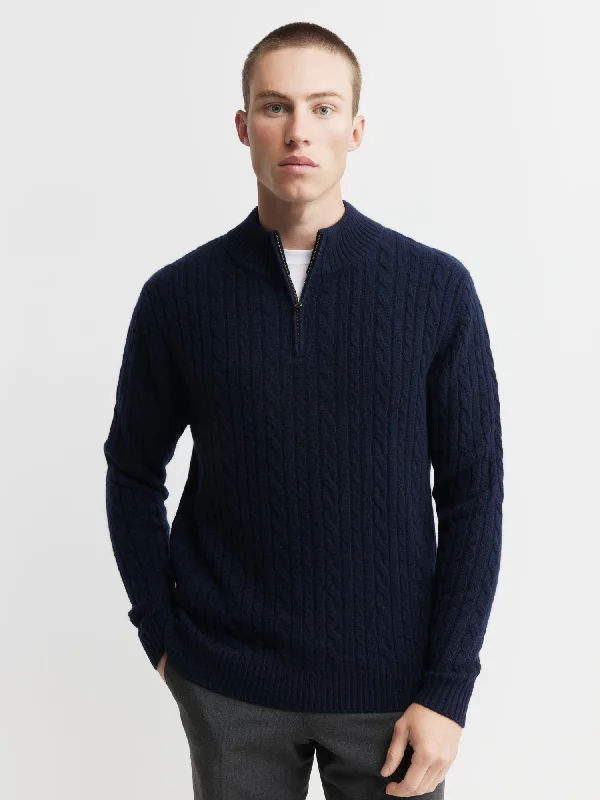 Men's organic cotton sweater-Mens Cashmere Cable 1/4 Zip Sweater - Dark Navy/Dark Navy Donegal