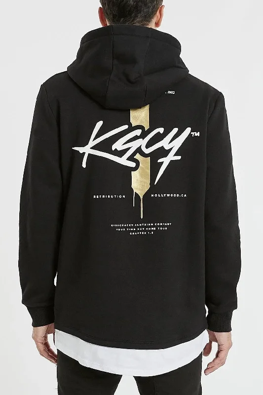 Men's performance hoodie-KISS CHACEY Mens Hatzic Layered Hem Hoodie Sweater Jet Black