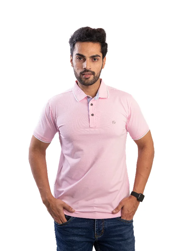 Men's breathable gym polo shirt-Pink Jersey Lycra Polo Neck T-shirt