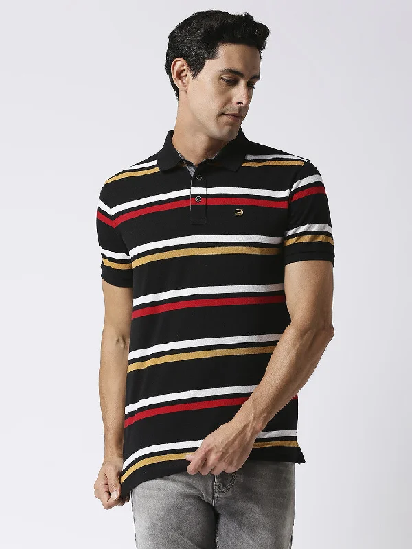 Men's comfortable athletic polo shirt-Black Pique Striped Polo T-shirt