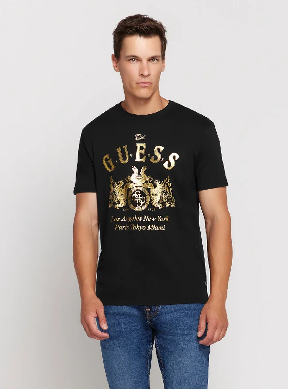 Men's hand-painted t-shirt-Black Short Sleeve Gold Crest T-Shirt