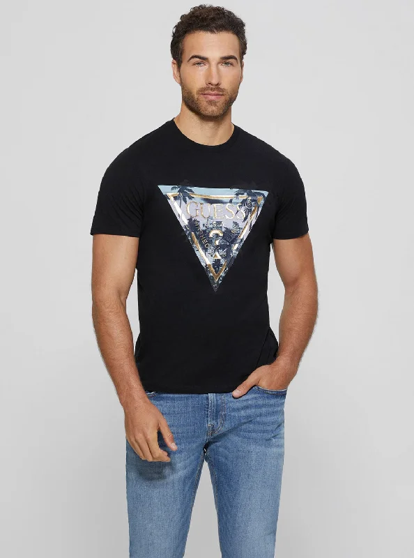 Men's silky-soft t-shirt-Black Palm Print Triangle Logo T-Shirt