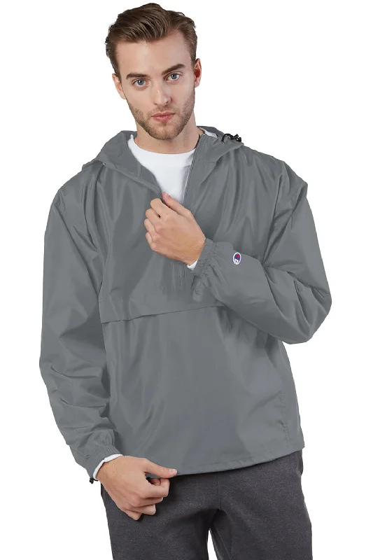 Men's eco-friendly raincoat-Champion Mens Packable Wind & Water Resistant Anorak 1/4 Zip Hooded Jacket - Graphite Grey