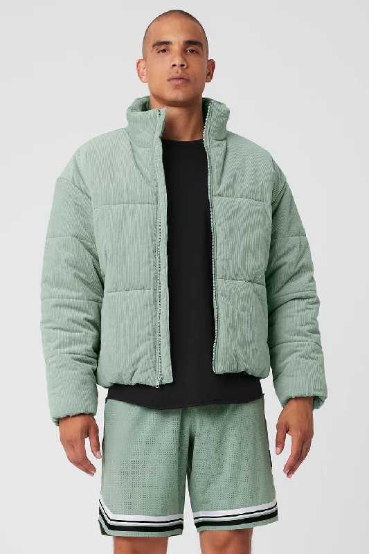 Men's lightweight bomber jacket-Corduroy Stage Puffer - Icy Sage