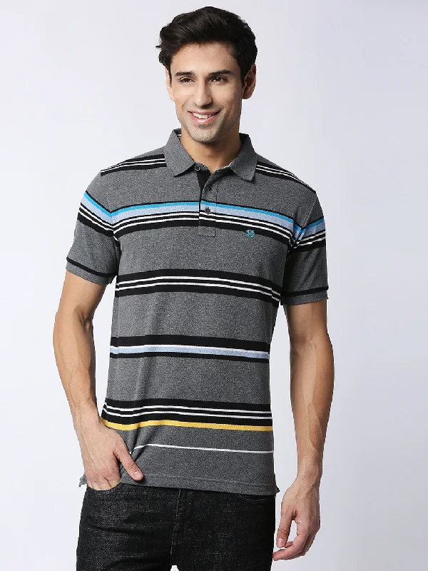 Men's versatile gym polo shirt-Charcoal Grey Striped Pique Polo T-shirt