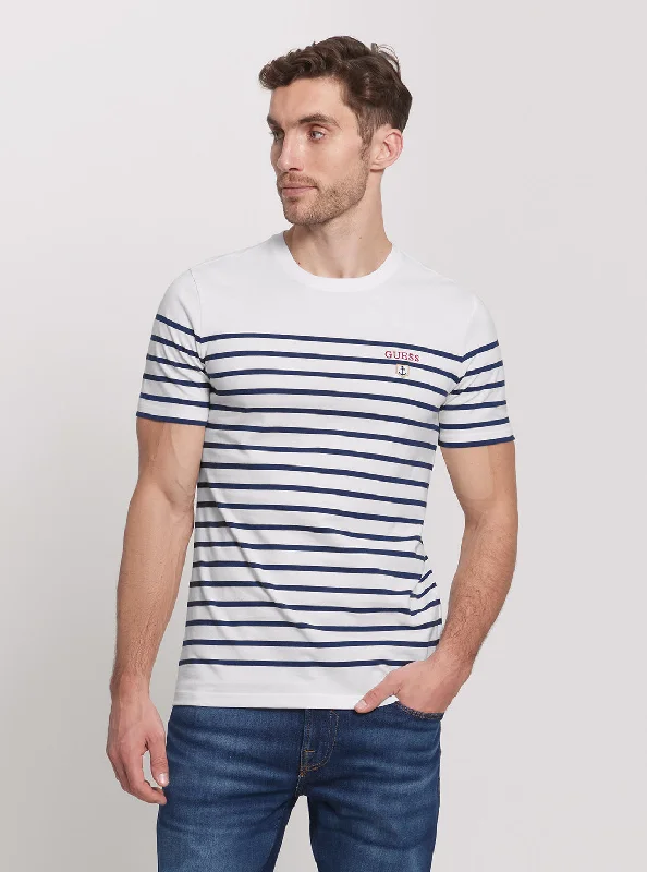 Men's lightweight travel t-shirt-Eco White Blue Striped Short Sleeve T-Shirt