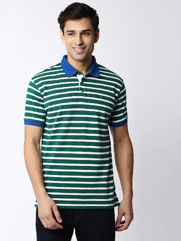 Men's pre-shrunk athletic polo shirt-Green and White Striped Polo T-shirt