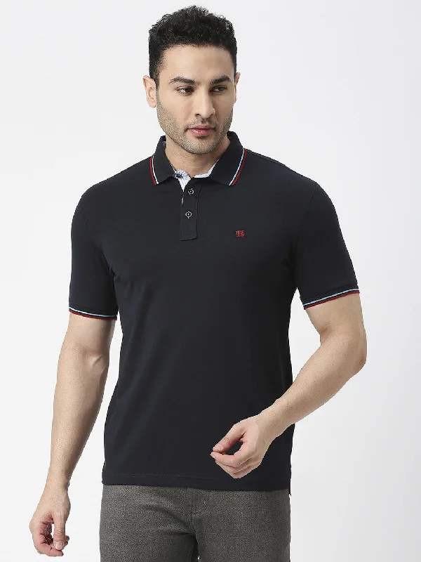 Men's sustainable athletic polo shirt-Navy Pique Lycra Polo T-Shirt With Tipping Collar