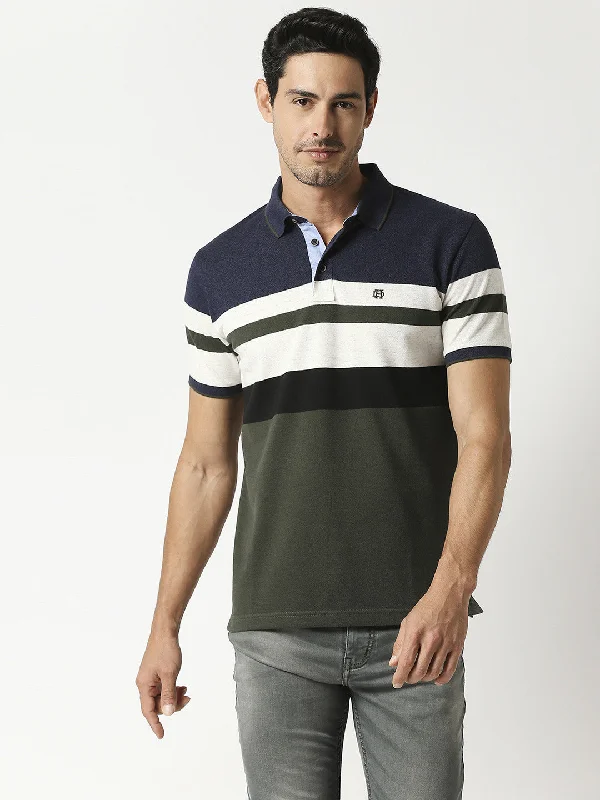 Men's weatherproof athletic polo shirt-Olive & Navy Pique Striped Polo T-shirt