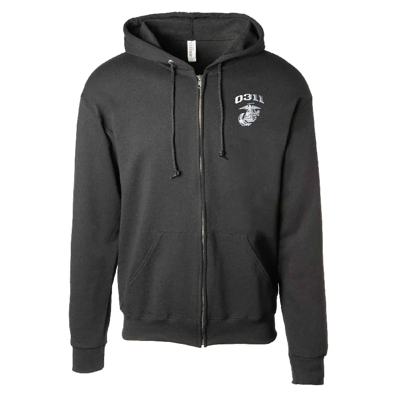 Men's performance hoodie-USMC Personalized MOS Embroidered Full Zip Hoodie - Black with Gray