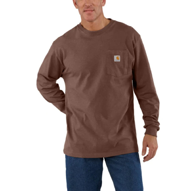 Men's graphic print t-shirt-Carhartt Men's Long Sleeve Pocket T-Shirt_Mocha Heather