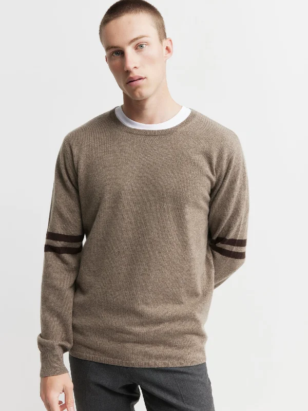 Men's reversible sweater-Mens Cashmere Crew Stripe Sleeve - Walnut/Cacao