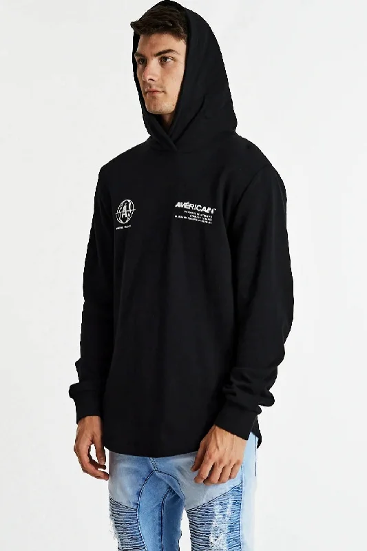 Men's summer hoodie-AMERICAIN Mens Testeur Dual Curved Hem Hoodie Jet Black