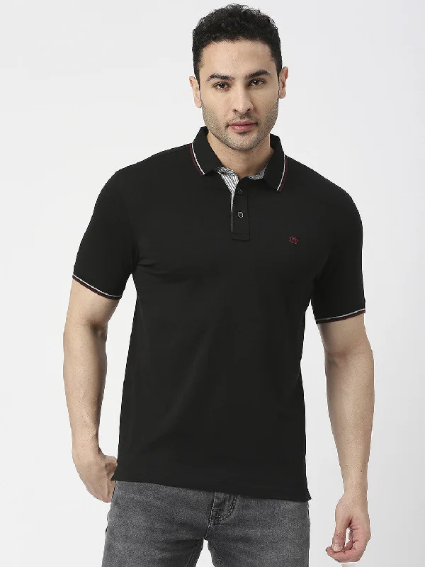 Men's summer casual polo shirt-Black Pique Lycra Polo T-Shirt With Tipping Collar