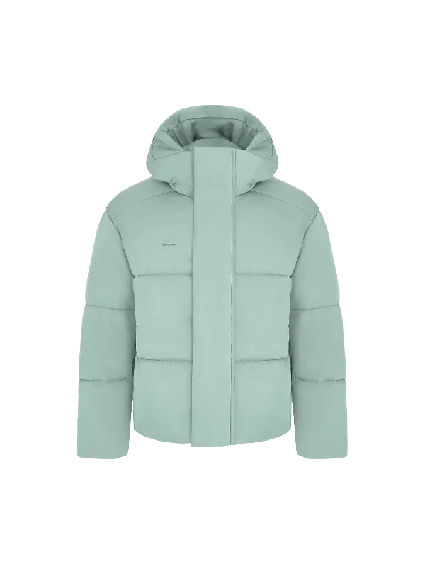 Men's sporty trench coat-Men’s Flower-Warmth Recycled Nylon Puffer—eucalyptus blue