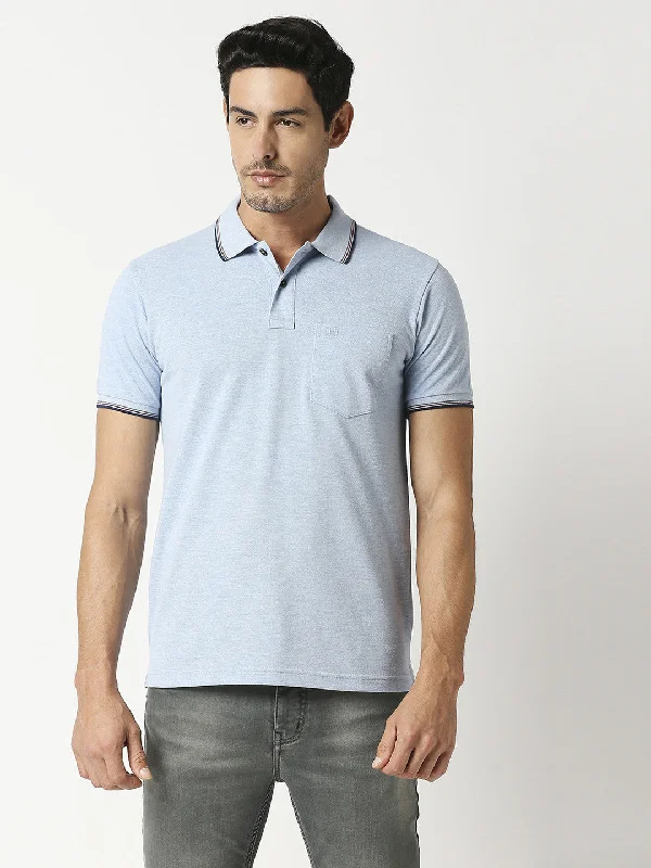 Men's modern casual polo shirt-Sky Blue Melange Pique Polo With Pocket