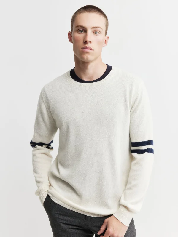 Men's eco-friendly sweater-Mens Cashmere Crew Stripe Sleeve - Cream/Navy