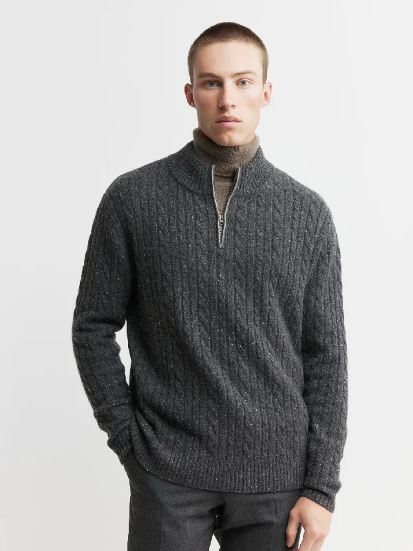 Men's recycled fabric sweater-Mens Cashmere Cable 1/4 Zip Sweater - Charcoal Donegal/Dark Grey Melange