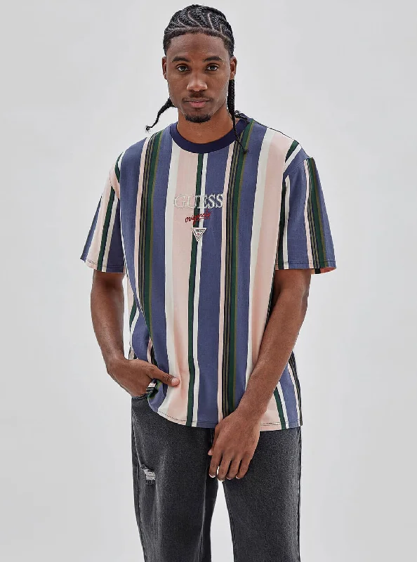 Men's classic fit t-shirt-Guess Originals Blue Multi Stripe Logo T-Shirt