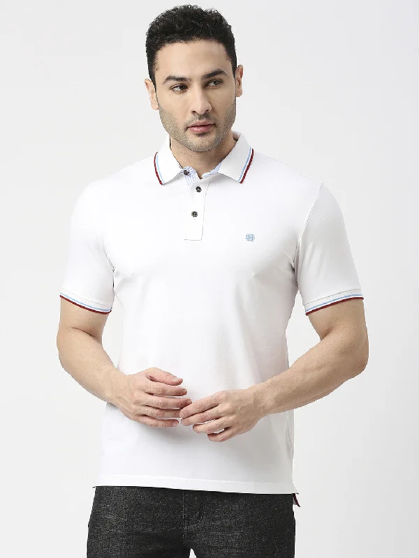 Men's tech-inspired gym polo shirt-White Pique Lycra Polo T-Shirt With Tipping Collar