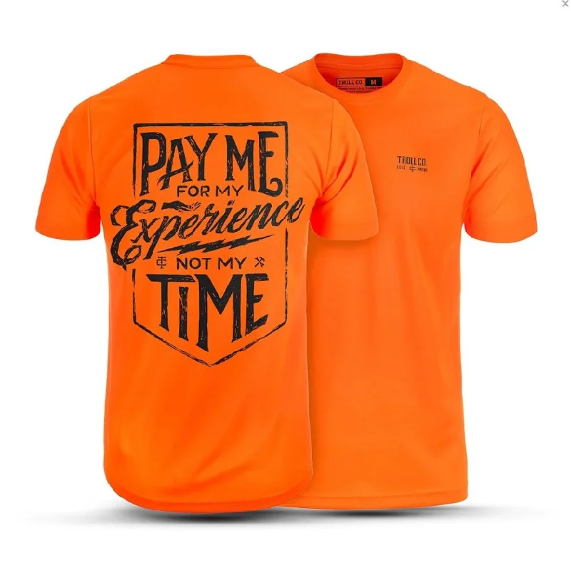 Men's longline t-shirt-Troll Co. Men's Pay Me Short Sleeve Crewneck T-Shirt_Bright Orange