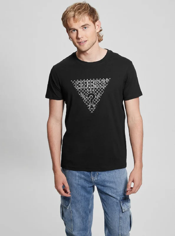 Men's retro-inspired t-shirt-Eco Black Triangle Embroidered T-Shirt