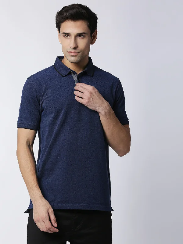 Men's non-iron travel polo shirt-Navy Blue Bird Eye Pique Half Sleeves Polo T-Shirt