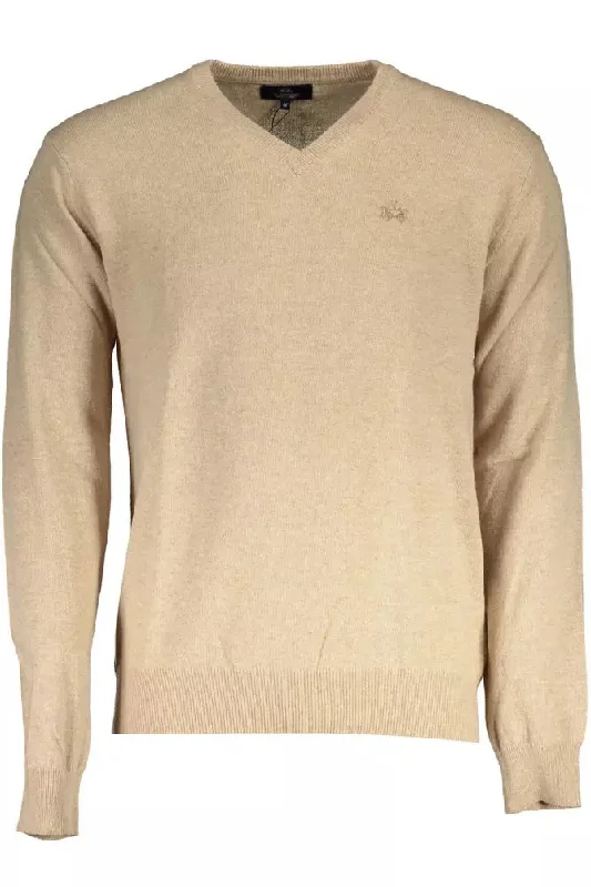 Men's knit hoodie-La Martina Elegant V-Neck Wool Blend Men's Sweater