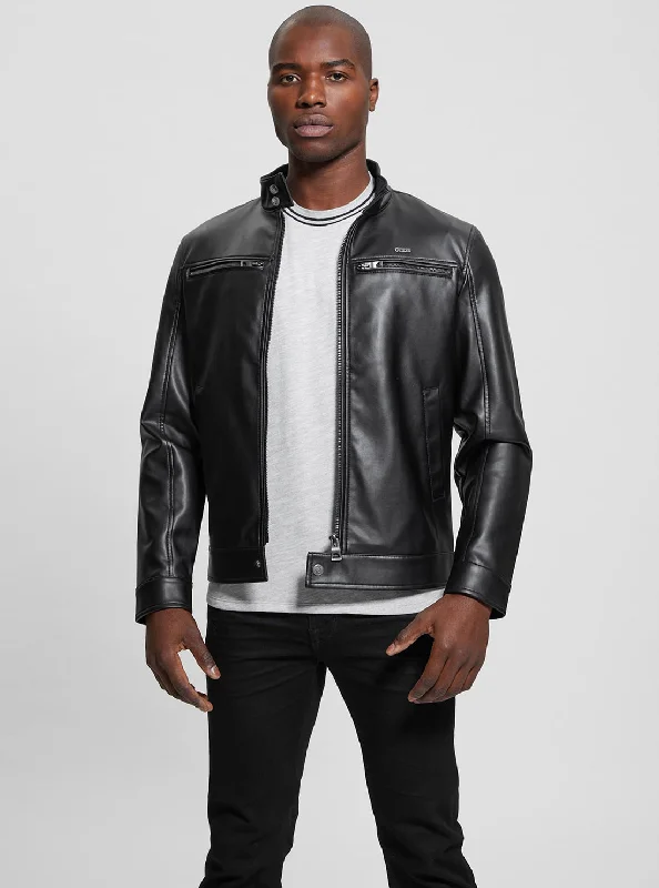 Men's wrinkle-resistant fleece jacket-Black Leather Jacket