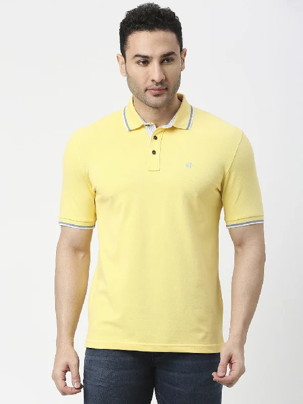 Men's sporty office polo shirt-Lemon Yellow Cotton Pique Lycra Polo T-shirt With Tipping Collar