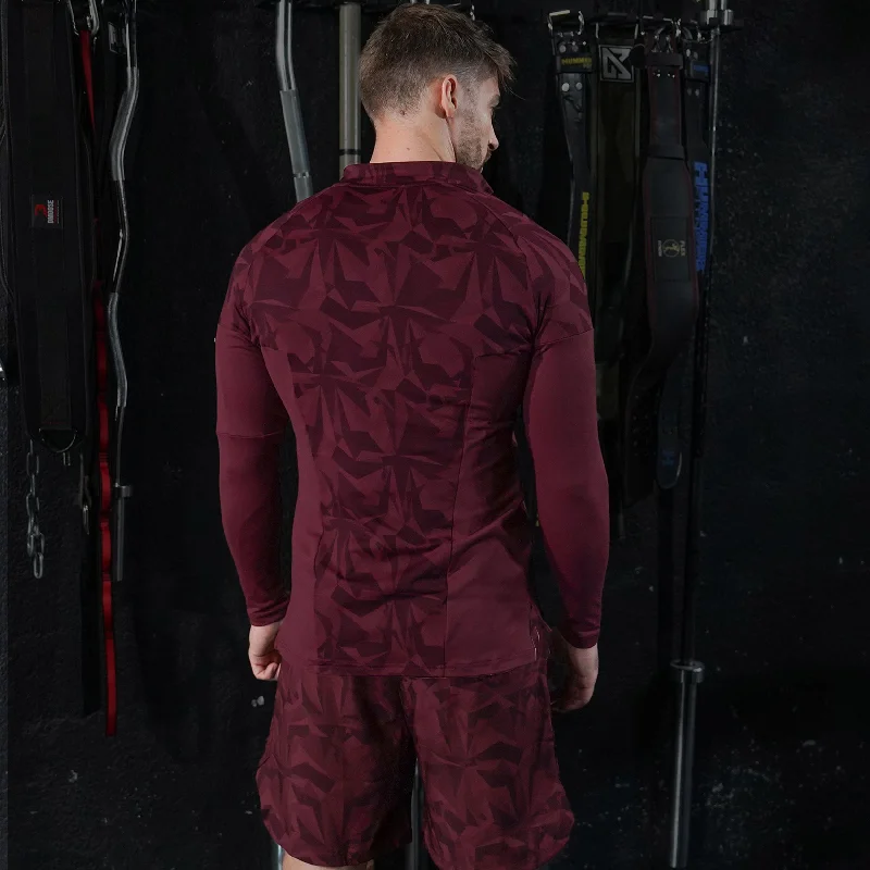 Men's longline t-shirt-Evolve Running Top 2.0 - Burgundy Print