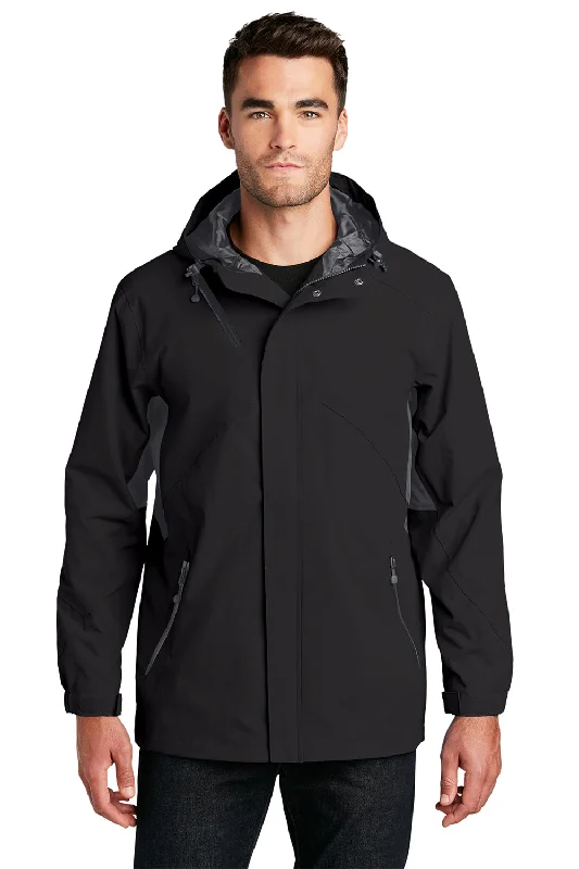 Men's antibacterial utility jacket-Port Authority Mens Cascade Waterproof Full Zip Hooded Jacket - Black/Magnet Grey - Closeout