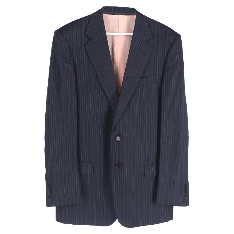 Men's summer fleece jacket-Ermenegildo Zegna Striped Single-Breasted Blazer and Trousers Set in Navy Blue Wool