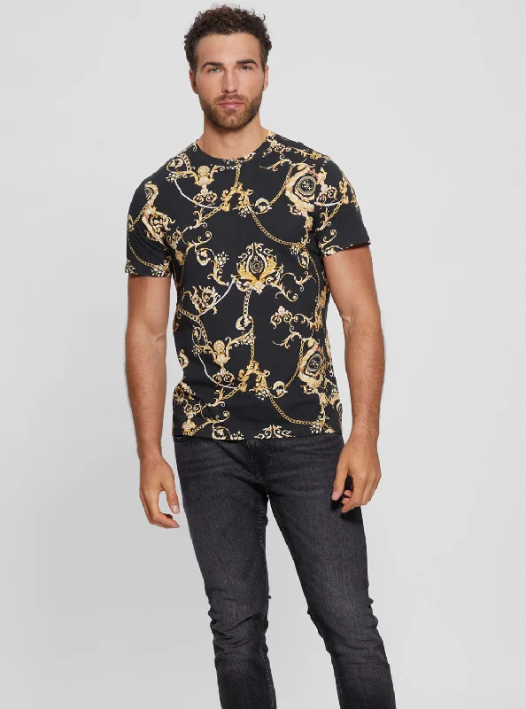 Men's lightweight travel t-shirt-Black Gold Chain Print T-Shirt