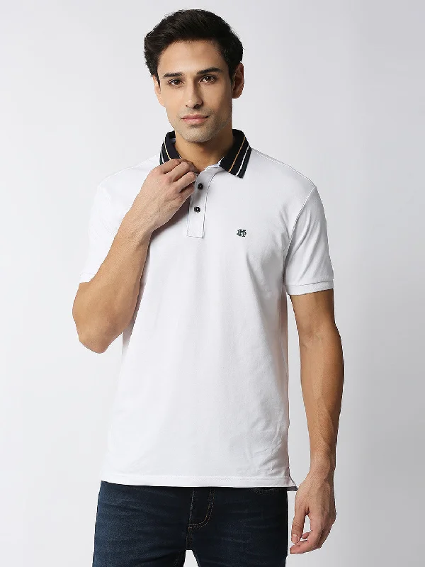 Men's antibacterial dress polo shirt-White Pique Lycra Polo T-shirt With Contrast Collar