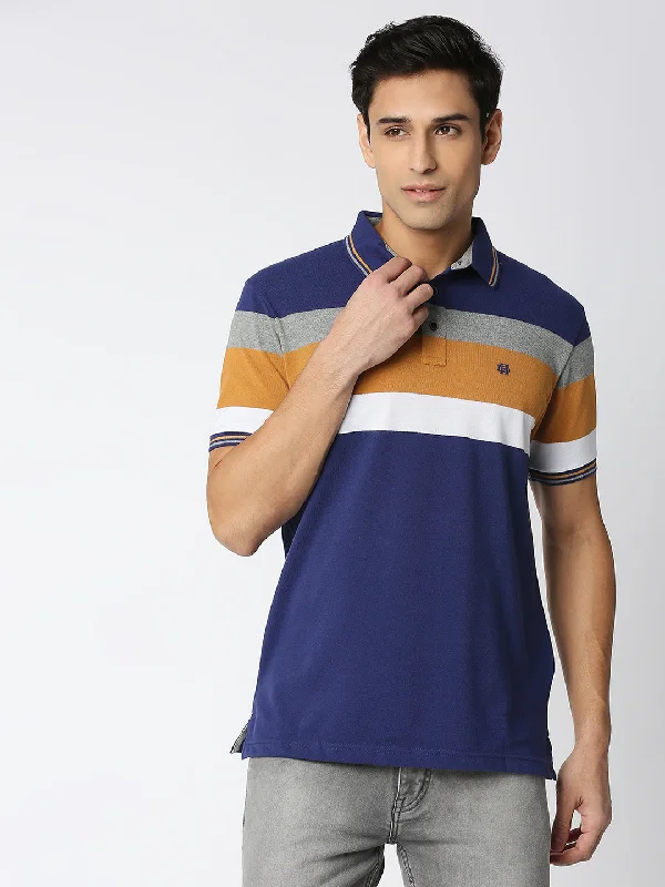 Men's fashionable gym polo shirt-Berry Blue Striped Polo T-shirt