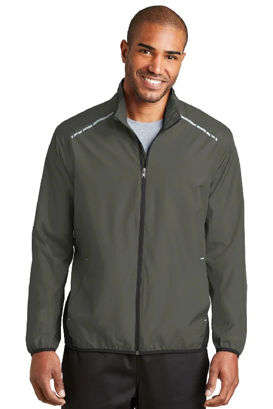 Men's versatile rain jacket-Port Authority Mens Zephyr Reflective Hit Wind & Water Resistant Full Zip Jacket - Steel Grey/Deep Black - Closeout