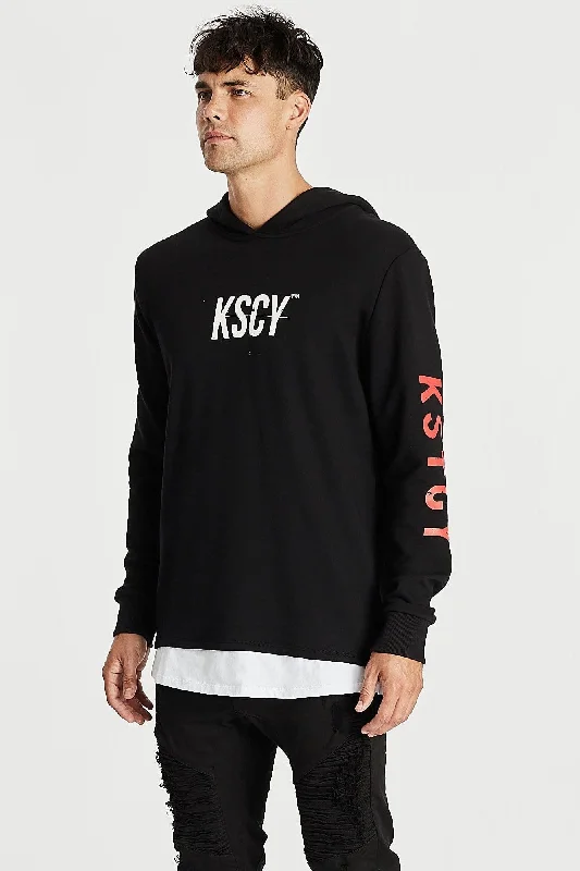 Men's antibacterial hoodie-Kiss Chacey MENS LIVE LIFE LAYERED HEM HOODED SWEATER - JET BLACK