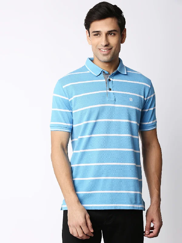 Men's sporty travel polo shirt-Tiffany Blue Striped  Polo T-shirt