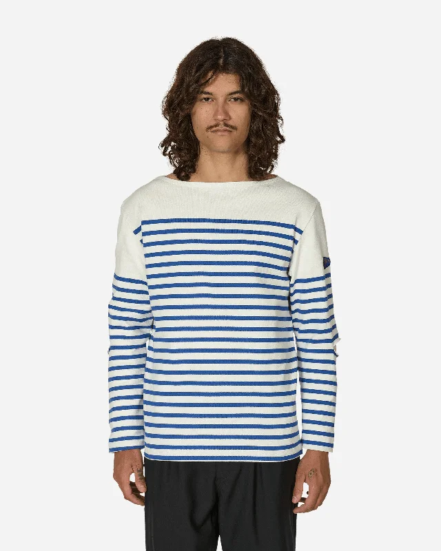 Men's relaxed fit t-shirt-Panel Stripe Jersey Elbow-Rip Longsleeve T-Shirt (Rainbowy Patch) White