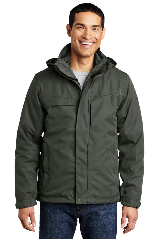 Men's relaxed fit windbreaker-Port Authority Mens Herringbone 3-in-1 Waterproof Full Zip Hooded Jacket - Spruce Green